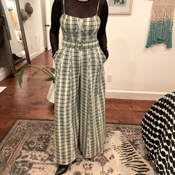 Free People Gingham wide leg jumpsuit in green. - Picture 1 of 11